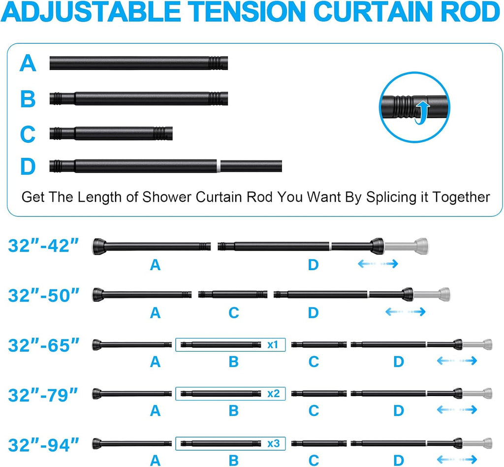 TEECK Shower Curtain Rod, 32-79 inch Adjustable Tension Spring, 1 Inch Shower Curtain Rod Tension, Anti-Slip, Rust-Proof, No Drilling, for Bathroom, Black