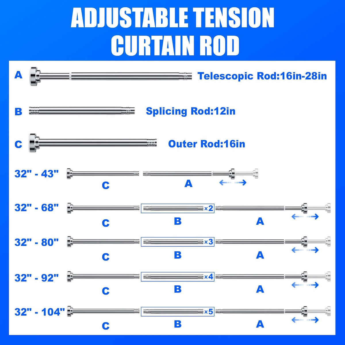 Ausemku Shower Curtain Rod Tension - 32-80 Inch Never Rust Non-Slip Spring Tension Curtain Rod No Drilling Stainless Steel Curtain Rod Use Bathroom Kitchen（Silver）