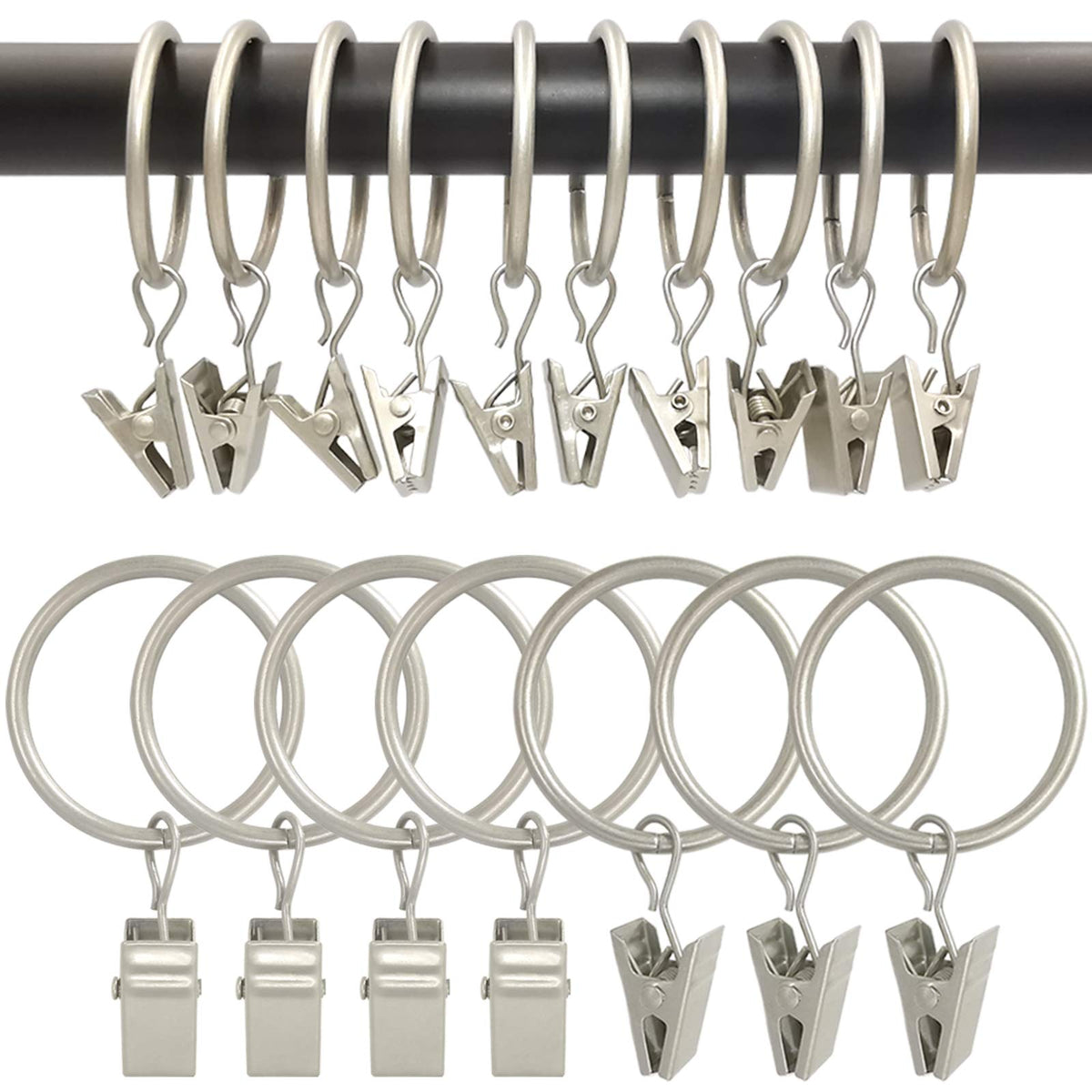 40 Pack Curtain Rings with Clips, Drapery Clips with Rings, Drapes Rings 1.26 in Interior Diameter, Fits up to 1 in Curtain Rod, Black