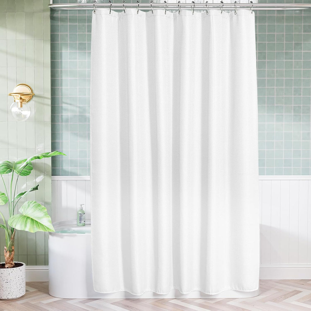 AmazerBath Extra Long Shower Curtain 96 Inches Long, Waffle Shower Curtain White Extra Long, Fabric Shower Curtains for Bathroom, Heavy Duty 240G Waffle Textured, 72x96 Inches