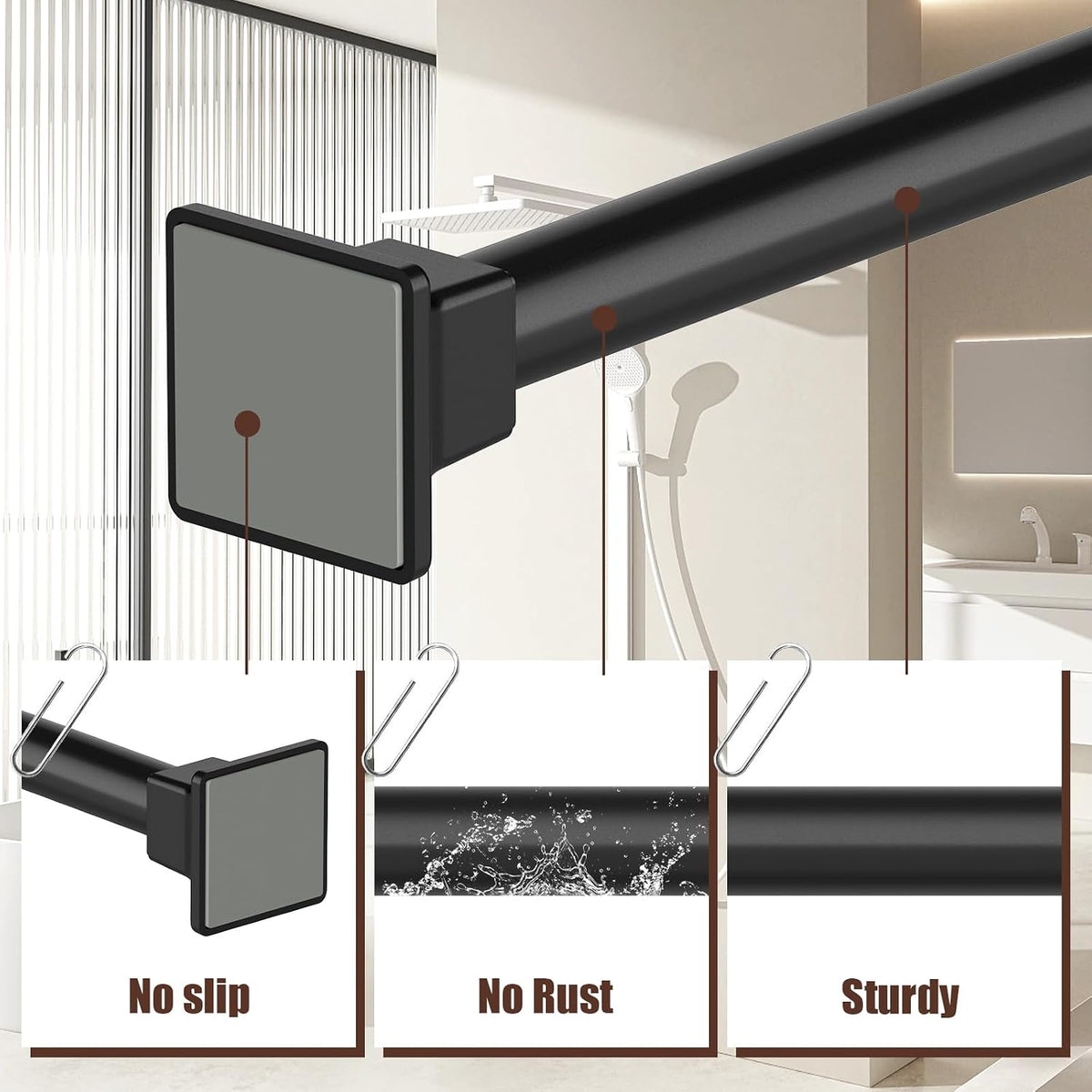 SMODBRODRE Black Shower Curtain Rod, Adjustable 32-80 Inch Tension Spring Curtain Rod No Drilling for Bathroom Kitchen, No Slip, No Rust