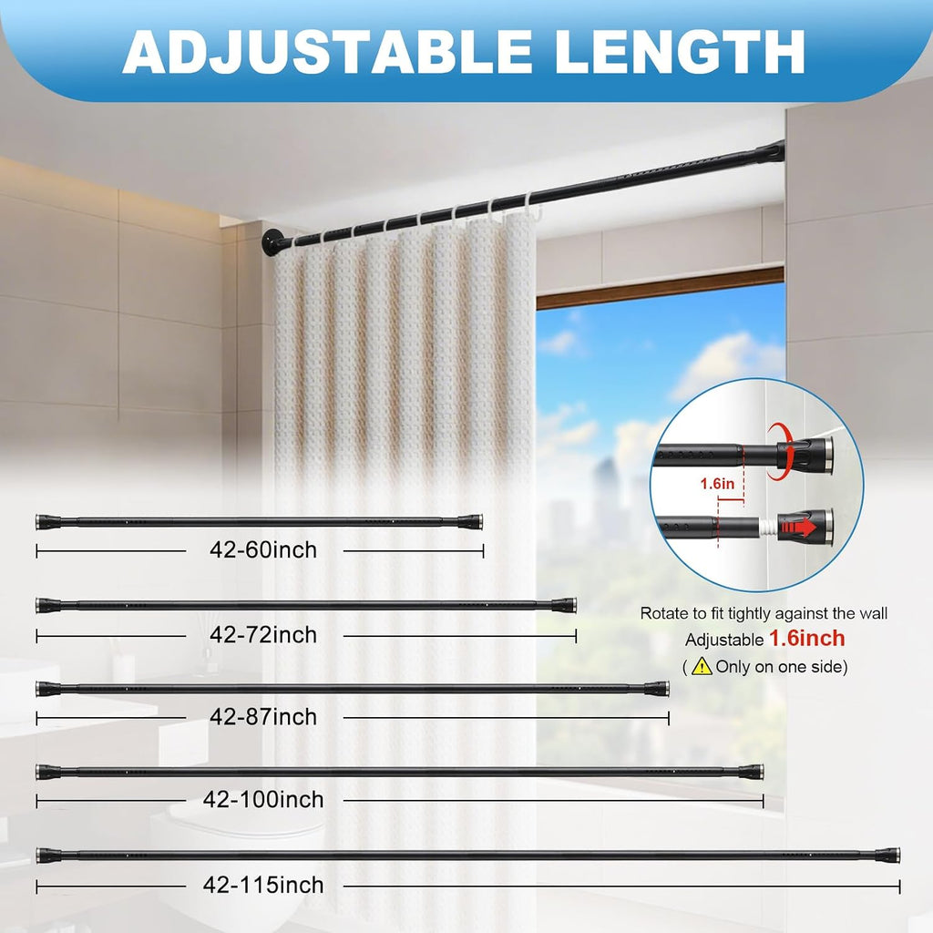 Tension Curtain Rod, 42 to 100 inch Adjustable Heavy Duty black shower curtain rod for bathroom Closet Windows