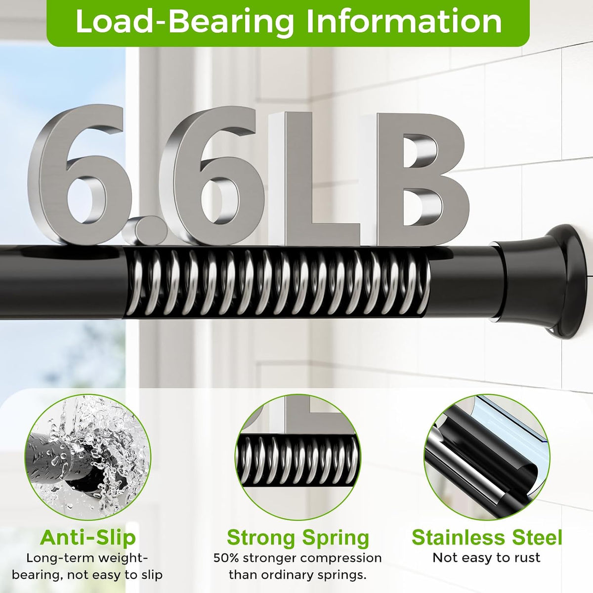 Black Shower Curtain Rod, 32-76 Inches, 7/8 Inch Diameter, 1 Pack