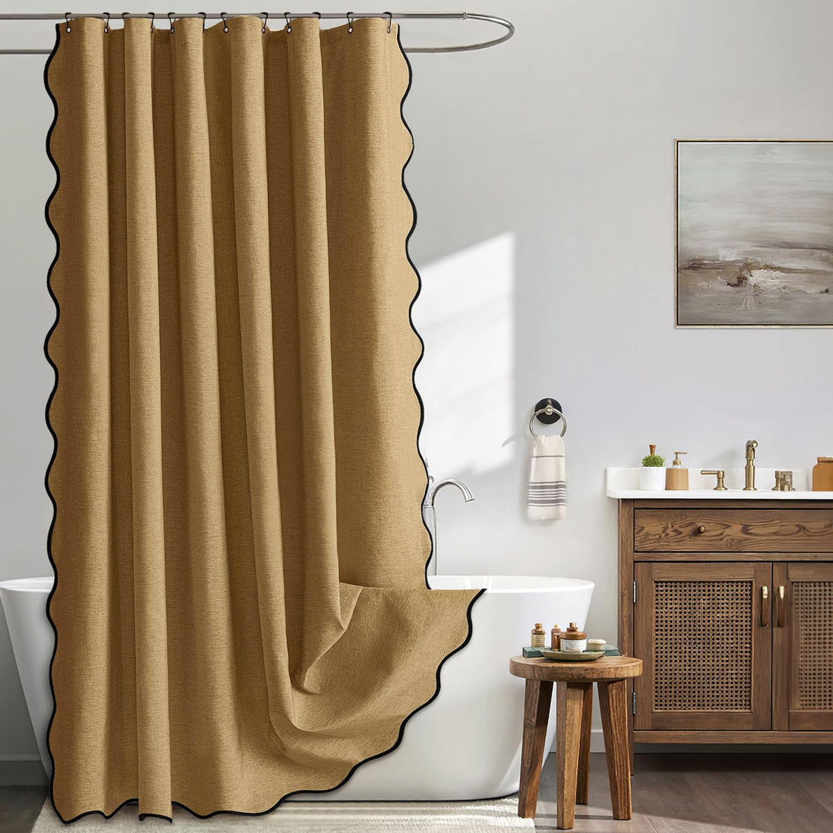 MIULEE 72"x84" Extra Long Scalloped Linen Shower Curtain Cream Beige