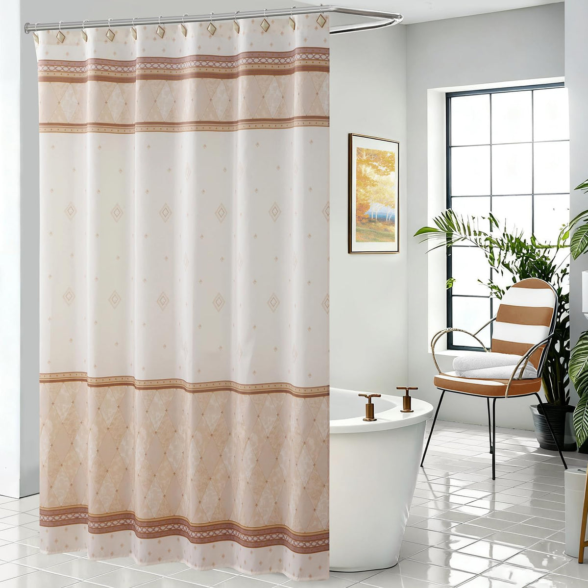 Fabric Shower Curtain, Narrow Width Beige Brown Stripe Waterproof Curtain for Tub or Stall，54" W x 72" H