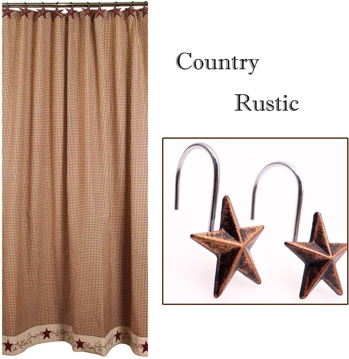 CHICTIE Star Shower Curtain Hooks Rings, Set of 12 Retro Bronze Decorative Shower Hooks,Stainless Steel Rustproof Shower Rings for Bathroom(Stereoscopic Brown Star)