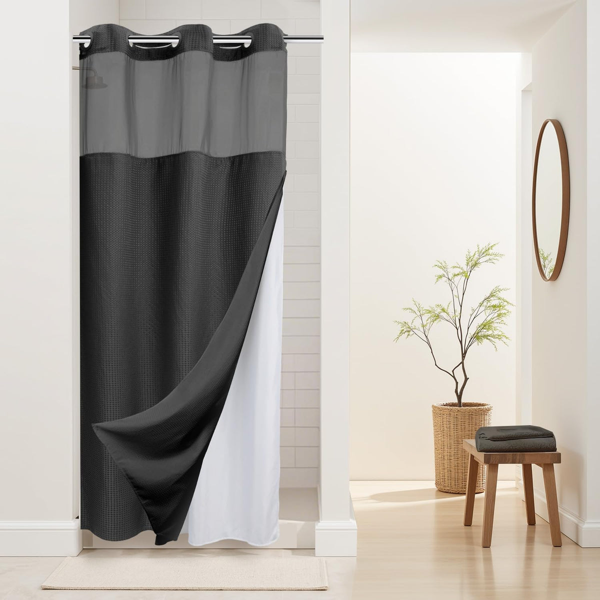 River Dream Heavyweight Waffle No Hook Shower Curtain with Liner,Gray,71x74