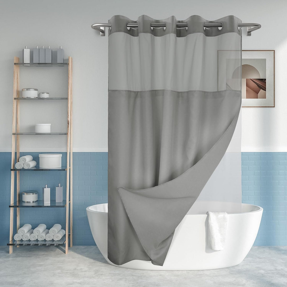 River Dream No Hook Shower Curtain with Snap-in Liner Set, Dark Gray, 71x74