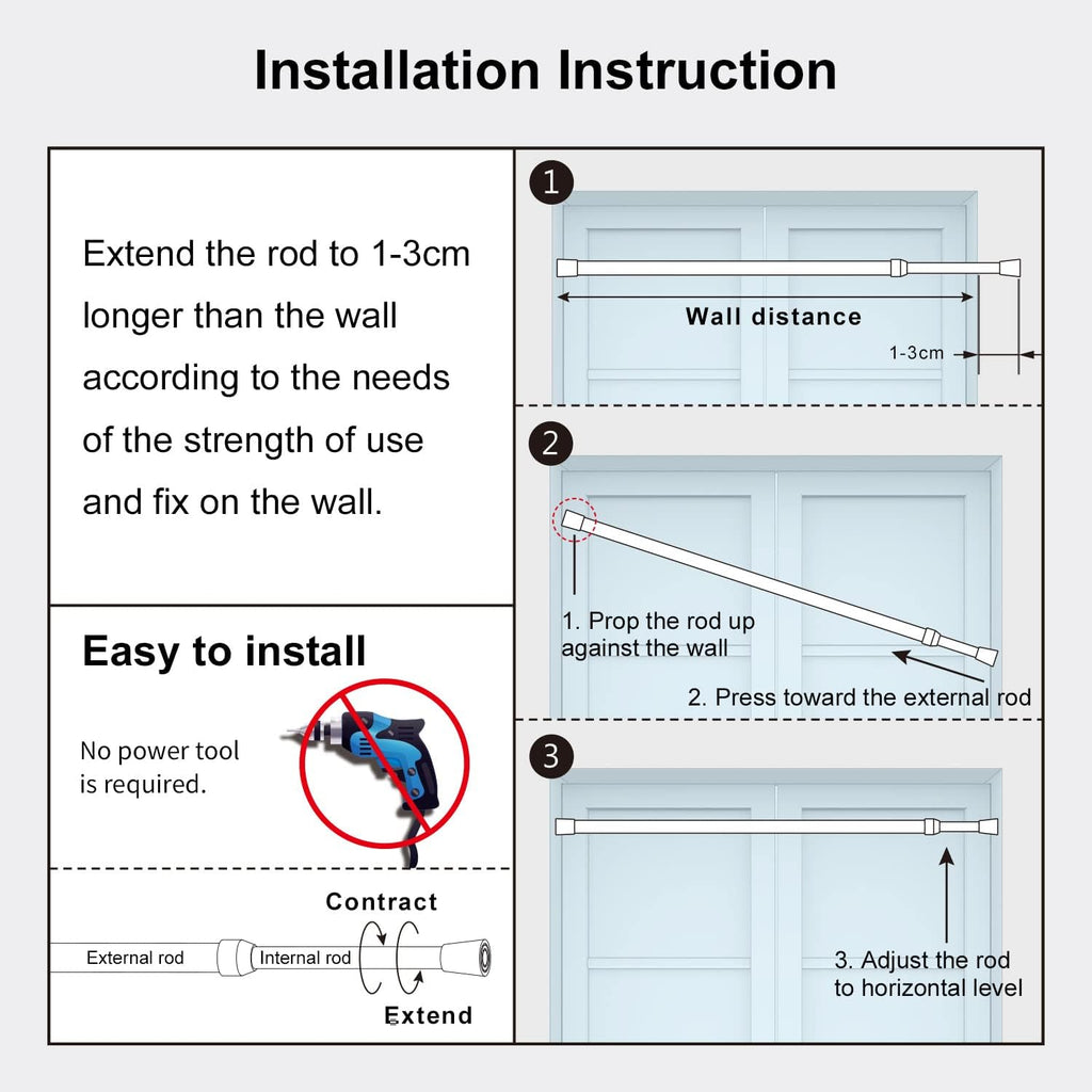2PCS Shower Curtain Rod No Drilling, Spring Tension Rod, 27-47 Inch, 1/2 Inch Diameter, Rubber Cap on Either End, White