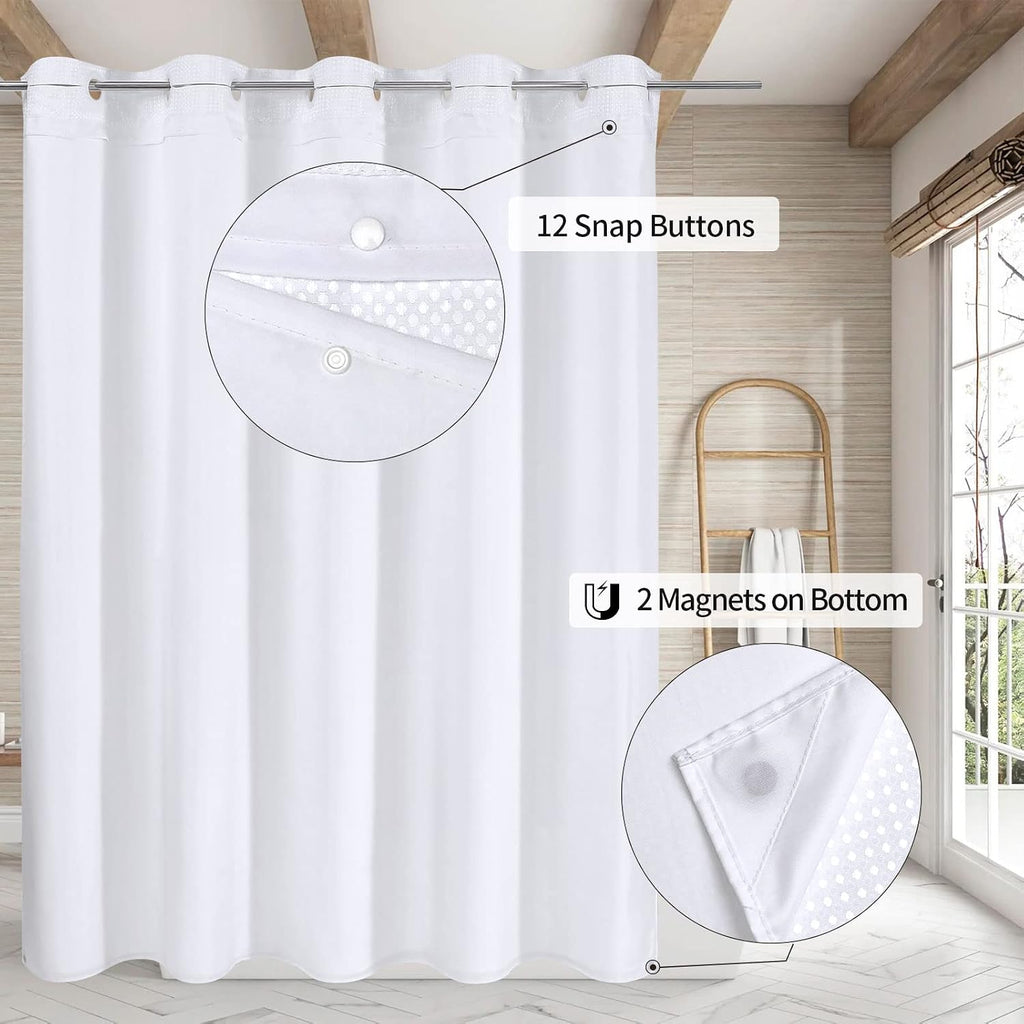 No Hook Weave Fabric Shower Curtain with Snap-in Liner White,72x74