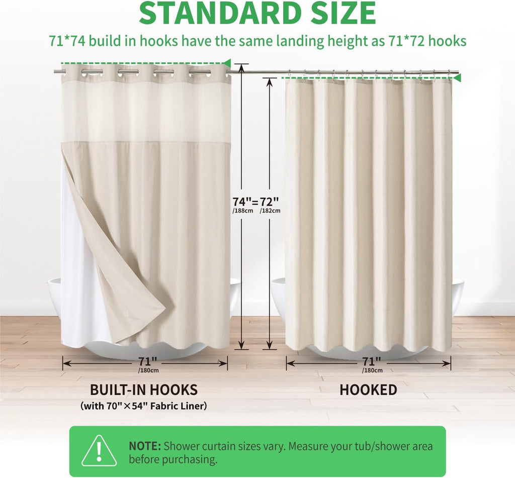 Eachope No Hooks Polyester Textured Shower Curtain with Snap-in Fabric Liner Set, Hotel Luxury Decor Shower Curtains for Bathroom with See Through Top Window, Waterproof & Washable, 71Wx74H, Cream