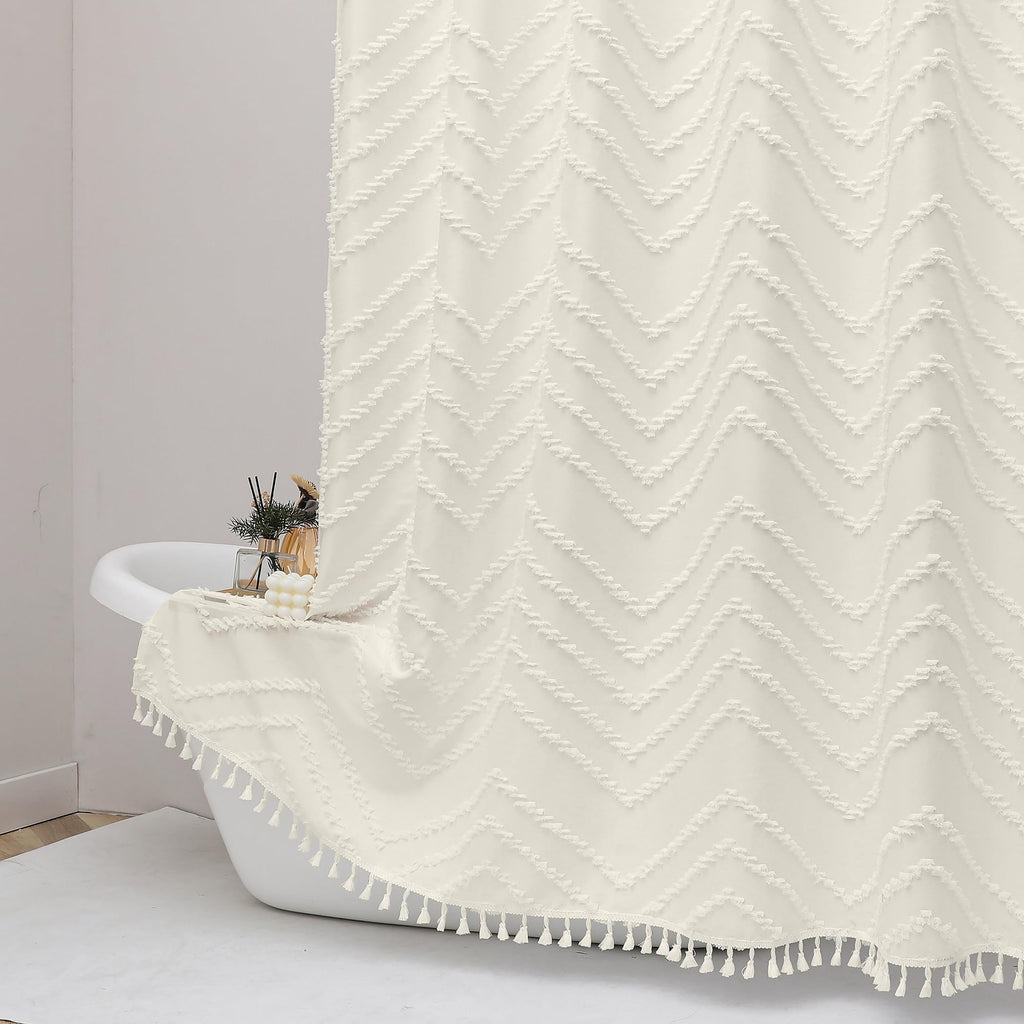 OWENIE Boho Shower Curtain, White Fabric Cloth Shower Curtains Farmhouse Tufted Chevron Striped Textured with Tassel for Bathroom, Soft Hotel Style Modern Minimalist, Machine Washable, 72x72, White