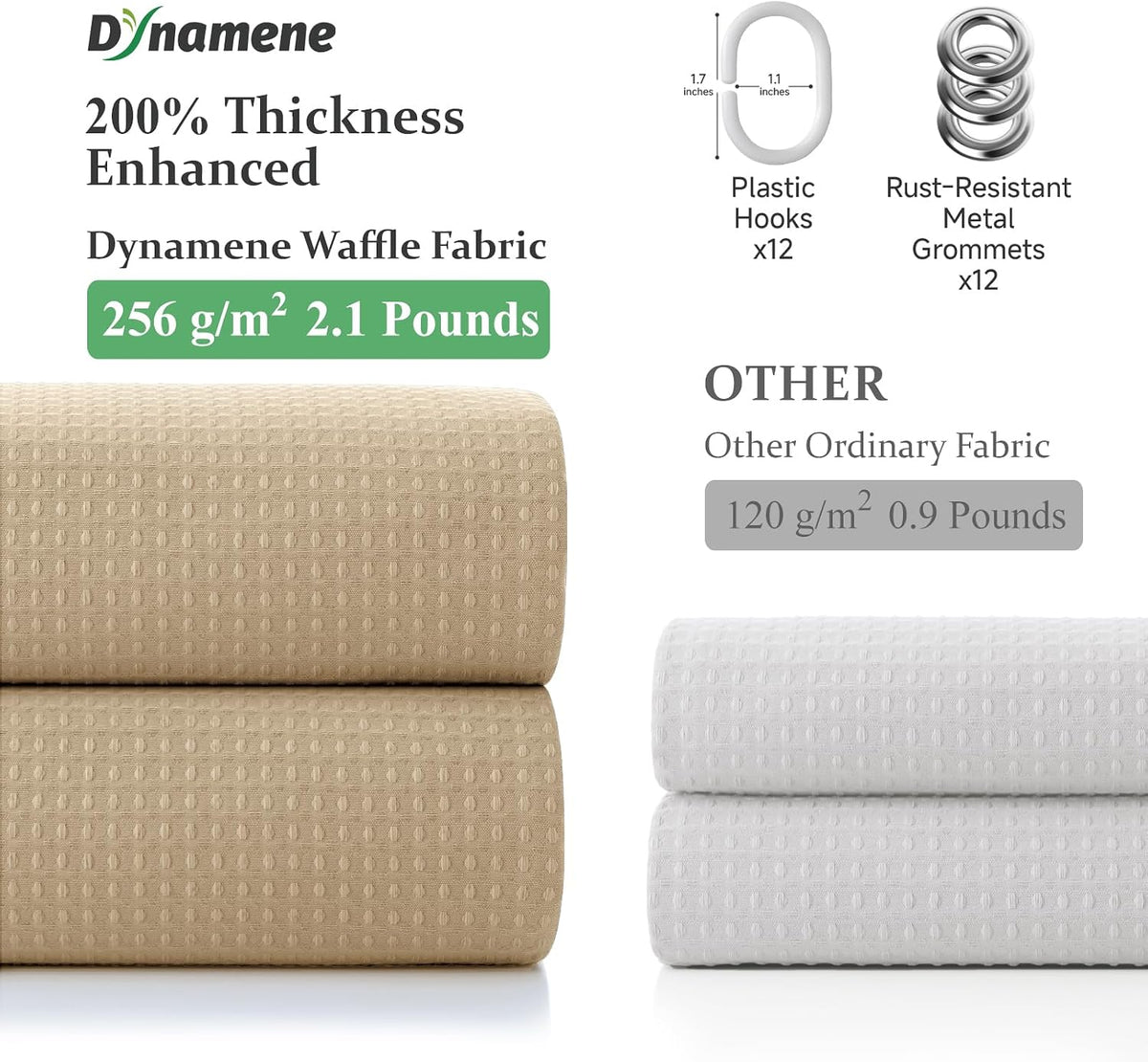 Dynamene Waffle Shower Curtain 256 GSM Heavy Duty Fabric 72x72 Beige/Khaki
