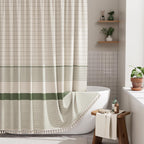 AmazerBath Boho Shower Curtain, Modern Farmhouse Shower Curtain Set with Tassels, Rustic Faux Linen Green Striped Shower Curtain with Hooks, Light Tan Toned, 72x72 Inches
