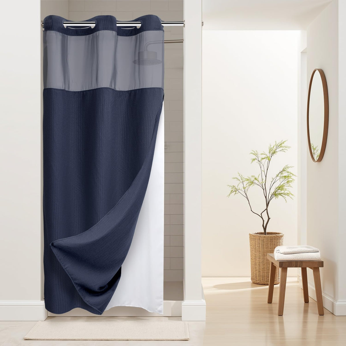 RiverDream Heavyweight Waffle No Hook Shower Curtain with Liner,White,71x74