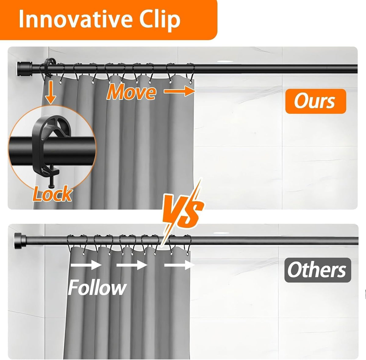 Shower Curtain Rod,Tension Rod 24 to 72 Inch,Never Fall Off,Innovative Buckle,Rustproof,No Drilling,Easy to Install,1 Inch Diameter,Suitable for Bathroom,Window,Door,Wardrobe,Kitchen (Black)