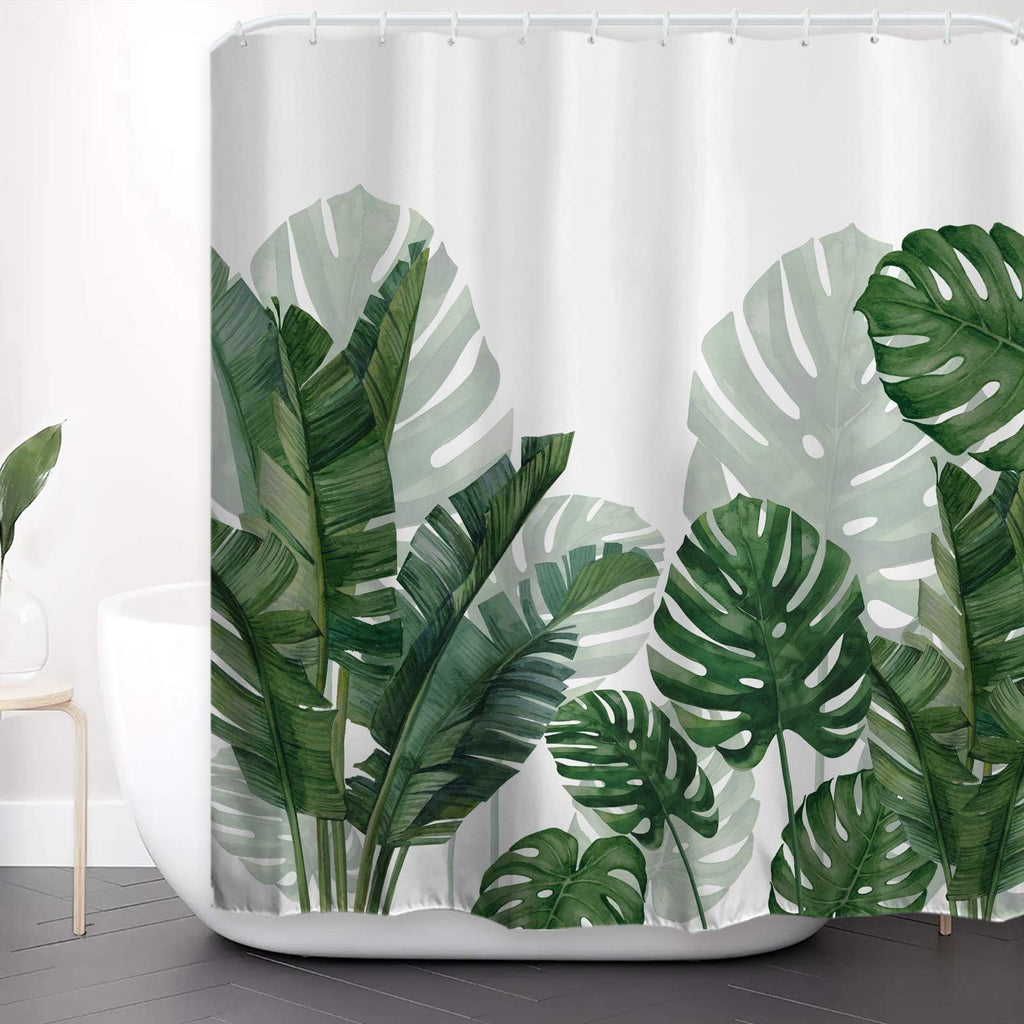 Baccessor Linen Shower Curtain Tropical Green Leaf Shower Curtains Botanical Banana Monstera Leaf Palm Tree Water Repellent Heavy Duty Fabric Cloth Shower Curtain for Bathtubs Hotel 72 W X 72 L Inch