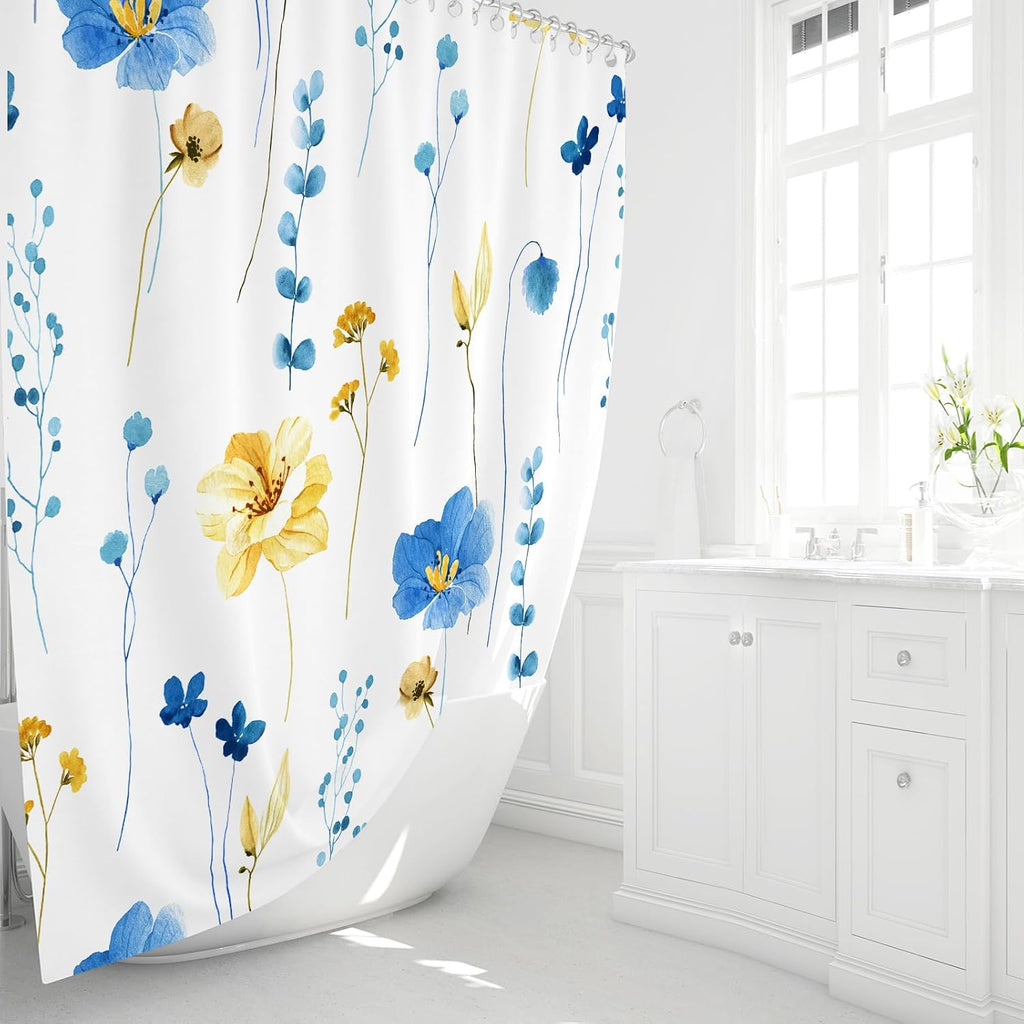 Gibelle Blue Yellow Watercolor Floral Fabric Shower Curtain, 72x72