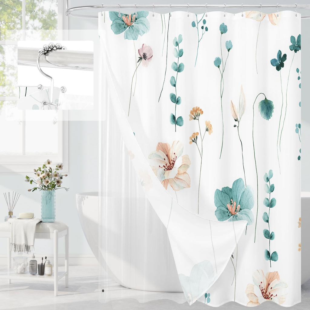 Gibelle 3 in 1 Sage Green Watercolor Floral Shower Curtain Liner Set, 72x72