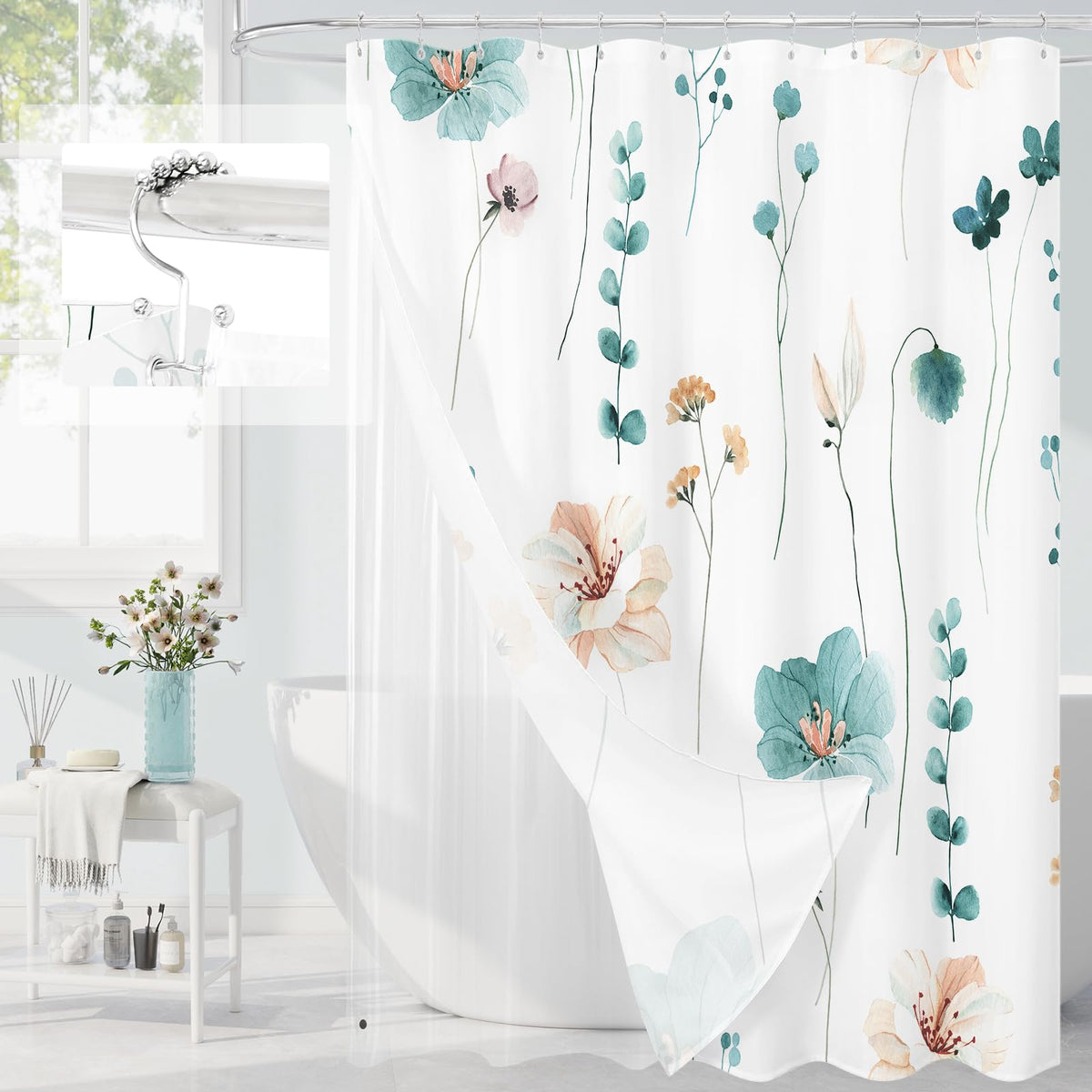 Gibelle 3 in 1 Sage Green Watercolor Floral Shower Curtain Liner Set, 72x72