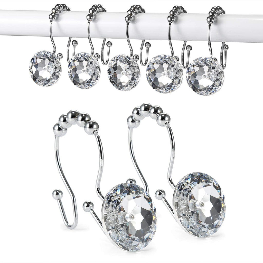 Goowin Shower Curtain Hooks, Crystal Shower Curtain Rings, Stainless Steel Gold Shower Curtain Hooks, Metal Shower Curtain Hangers, Decorative Double Shower Hooks for Shower Curtain & Liner, Gold