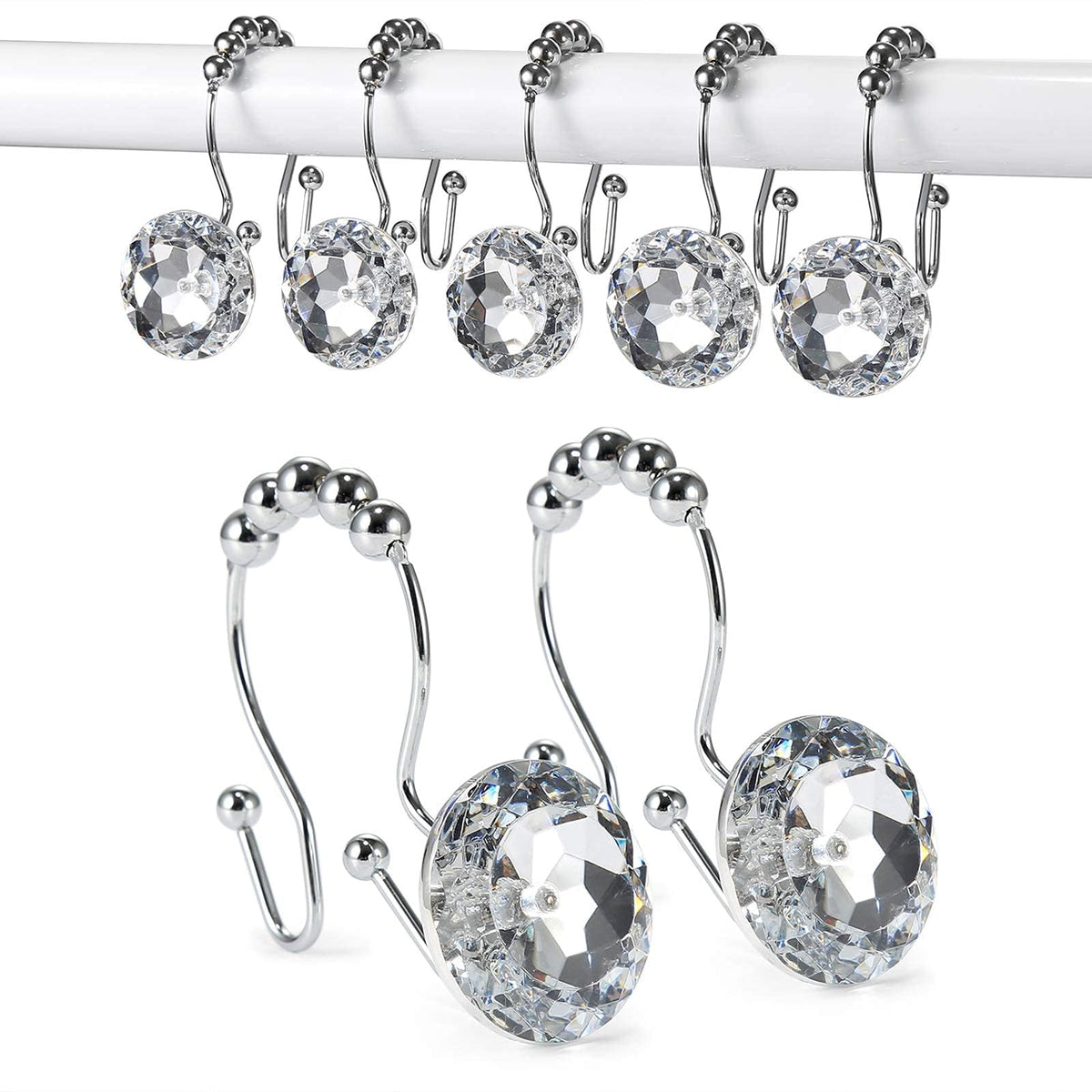 Goowin Shower Curtain Hooks, Crystal Shower Curtain Rings, Stainless Steel Gold Shower Curtain Hooks, Metal Shower Curtain Hangers, Decorative Double Shower Hooks for Shower Curtain & Liner, Gold