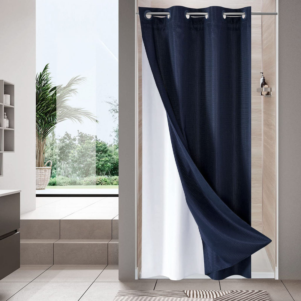 No Hook Weave Fabric Shower Curtain with Snap-in Liner White,72x74