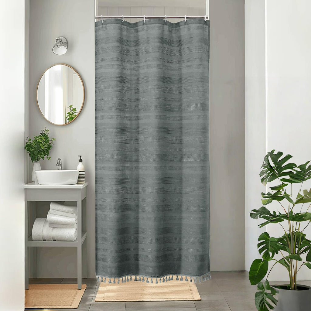 OVZME Natural Linen Shower Curtain for Bathroom, Boho Farmhouse Rustic Striped Shower Curtain with Tassel, Textured Heavy Duty Vintage Country Bathroom Curtain, 72Wx72L Inches