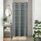 OVZME Natural Linen Shower Curtain for Bathroom, Boho Farmhouse Rustic Striped Shower Curtain with Tassel, Textured Heavy Duty Vintage Country Bathroom Curtain, 72Wx72L Inches