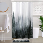 ORTIGIA Dark Green Misty Forest Shower Curtain for Bathroom, Nature Woodland Shower Curtain Set with Hooks, Decorative Pine Tree Fog Magic Bath Curtain for Home, Waterproof Fabric, Weighted, 72x72
