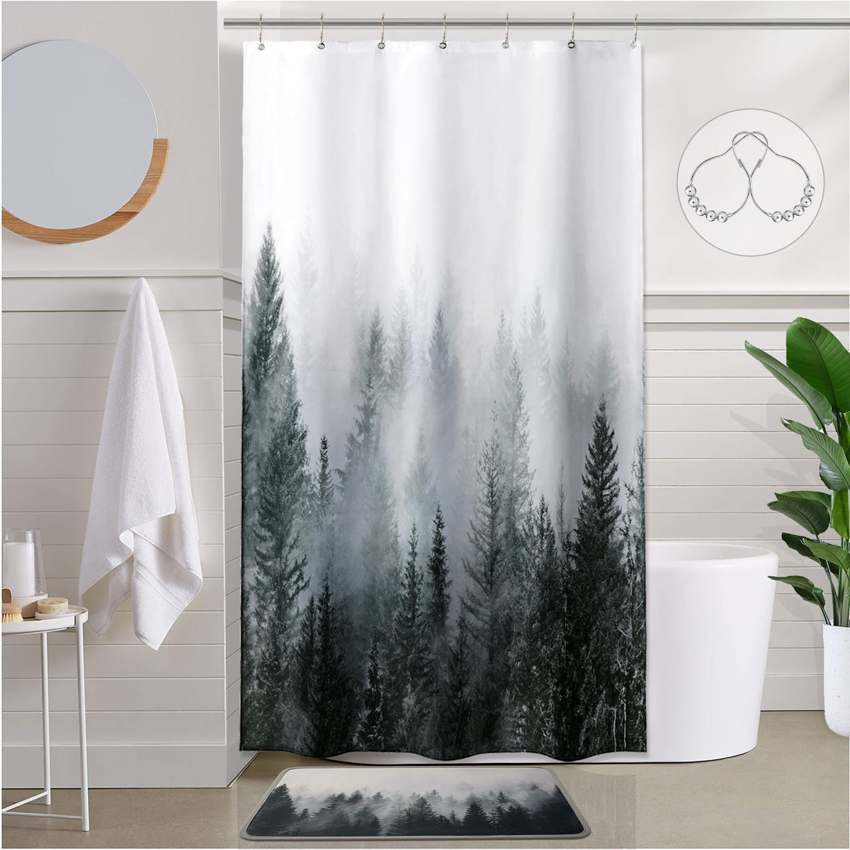 ORTIGIA Dark Green Misty Forest Shower Curtain for Bathroom, Nature Woodland Shower Curtain Set with Hooks, Decorative Pine Tree Fog Magic Bath Curtain for Home, Waterproof Fabric, Weighted, 72x72