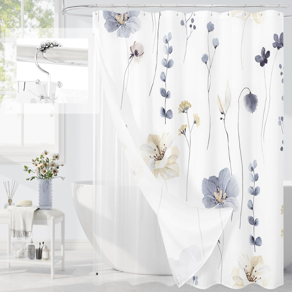 Gibelle 3 in 1 Sage Green Watercolor Floral Shower Curtain Liner Set, 72x72