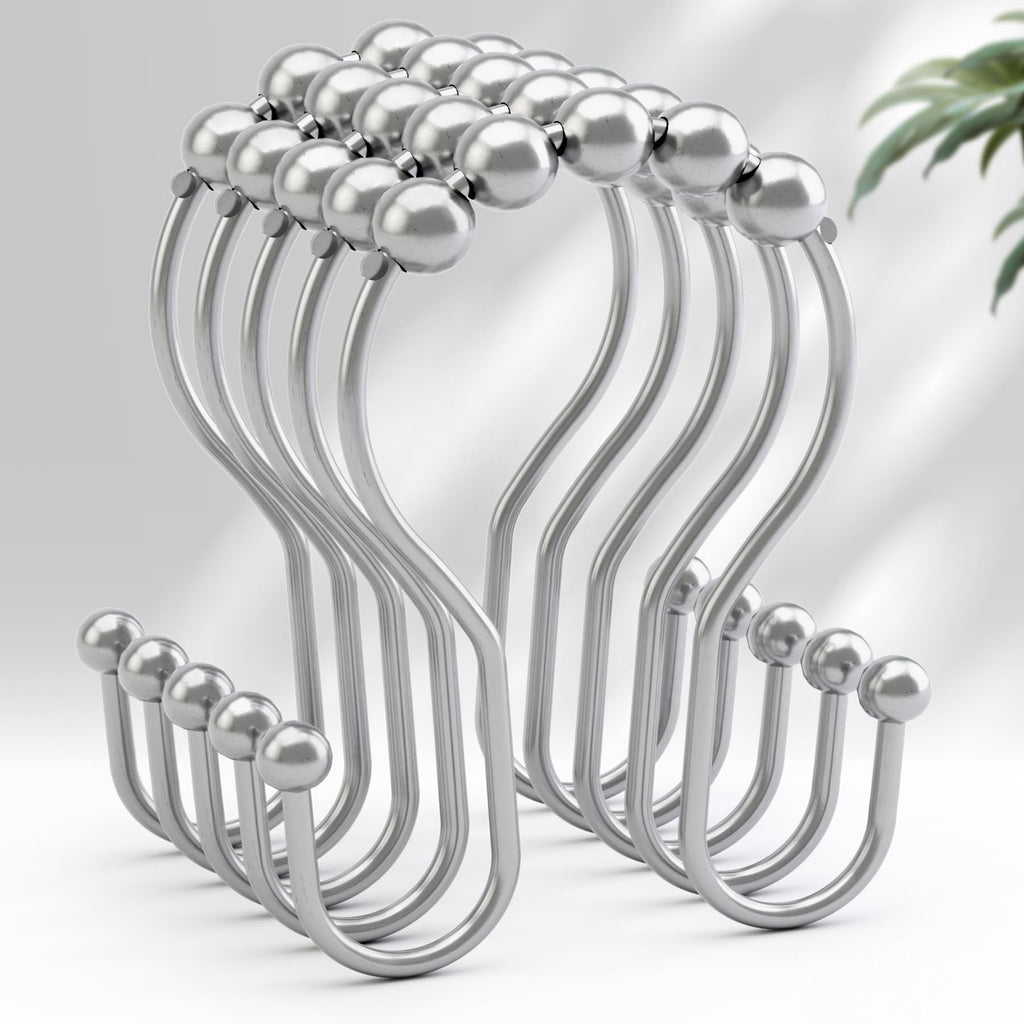 AmazerBath Shower Curtain Hooks Brushed Nickel Shower Curtain Rings, Simple Double Hook Shower Curtain Hooks Rust Proof, Smooth Glide Metal Shower Hooks for Shower Curtain, 12Pcs Shower Rod Hooks