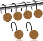 Shower Curtain Hooks, Wood Decorative Shower Curtain Rings, Modern Round Log Shower Curtain Hangers, 12PCS Shower Hooks for Shower Curtain Rod, Bedroom, Living Room (Black)
