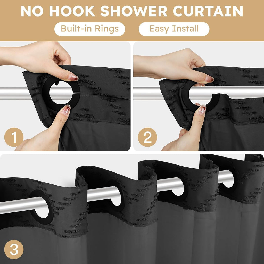 FADOTY Black No Hook Shower Curtain Set with Snap in Liner, 71'' x 74''