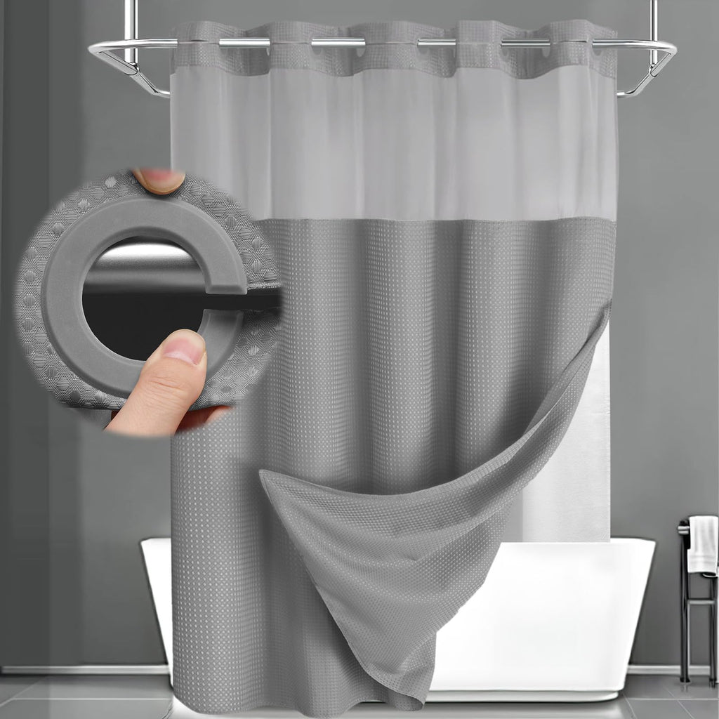 No Hook Shower Curtain with Liner Set Hotel Waffle Curtain White 72W X 75L