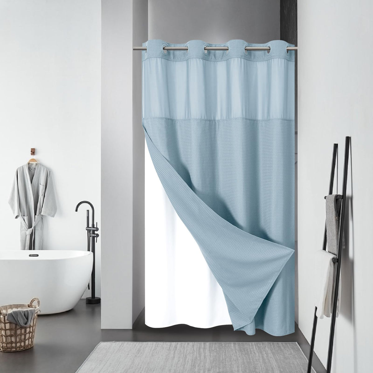 eachope No Hook Waffle Shower Curtain with Snap-in Liner, 71x74 Inch, White