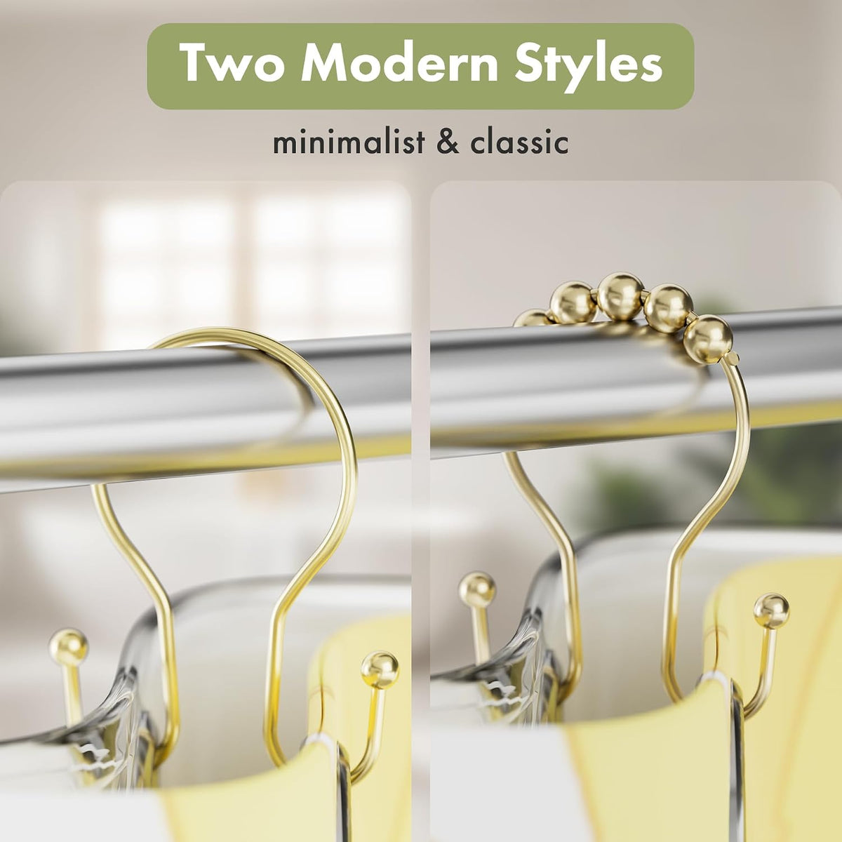 AmazerBath Shower Curtain Hooks Gold Shower Curtain Rings, Simple Double Hook Shower Curtain Hooks Rust Proof, Metal Smooth Shower Hooks for Shower Curtain Rod, 12 Pcs Shower Rod Hook Light Gold