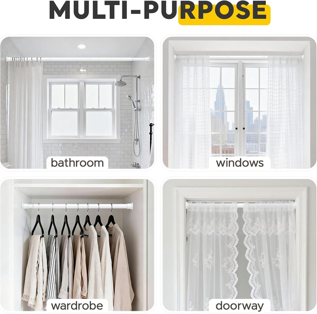 White Tension Rods 28 to 84 Inch,1"Heavy Duty Spring Tension Curtain Rod，No Slip No Drill Adjustable Shower Tension Curtain Rod for Bathroom, Window, Closet & Wardrobe（Sectional Assembled Rod）