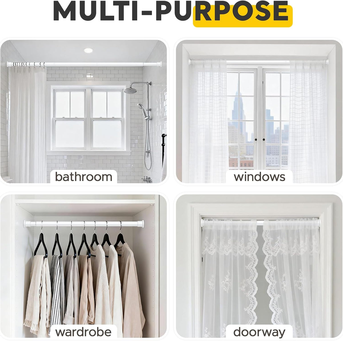 White Tension Rods 28 to 84 Inch,1"Heavy Duty Spring Tension Curtain Rod，No Slip No Drill Adjustable Shower Tension Curtain Rod for Bathroom, Window, Closet & Wardrobe（Sectional Assembled Rod）