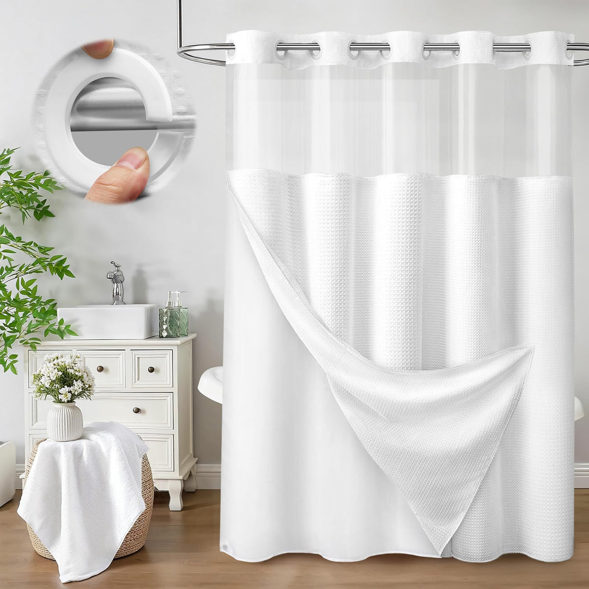 No Hook Shower Curtain with Liner Set Hotel Waffle Curtain White 72W X 75L