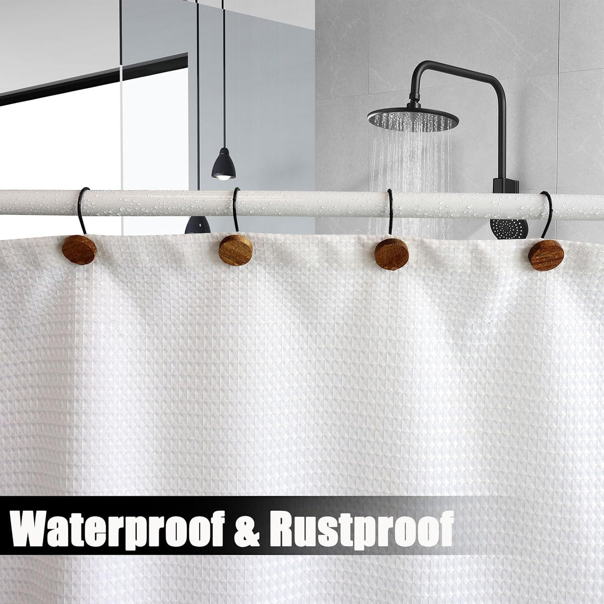 Shower Curtain Hooks, Wood Decorative Shower Curtain Rings, Modern Round Log Shower Curtain Hangers, 12PCS Metal Shower Hooks for Shower Curtain Rod, Bathroom, Bedroom, Living Room (Black)