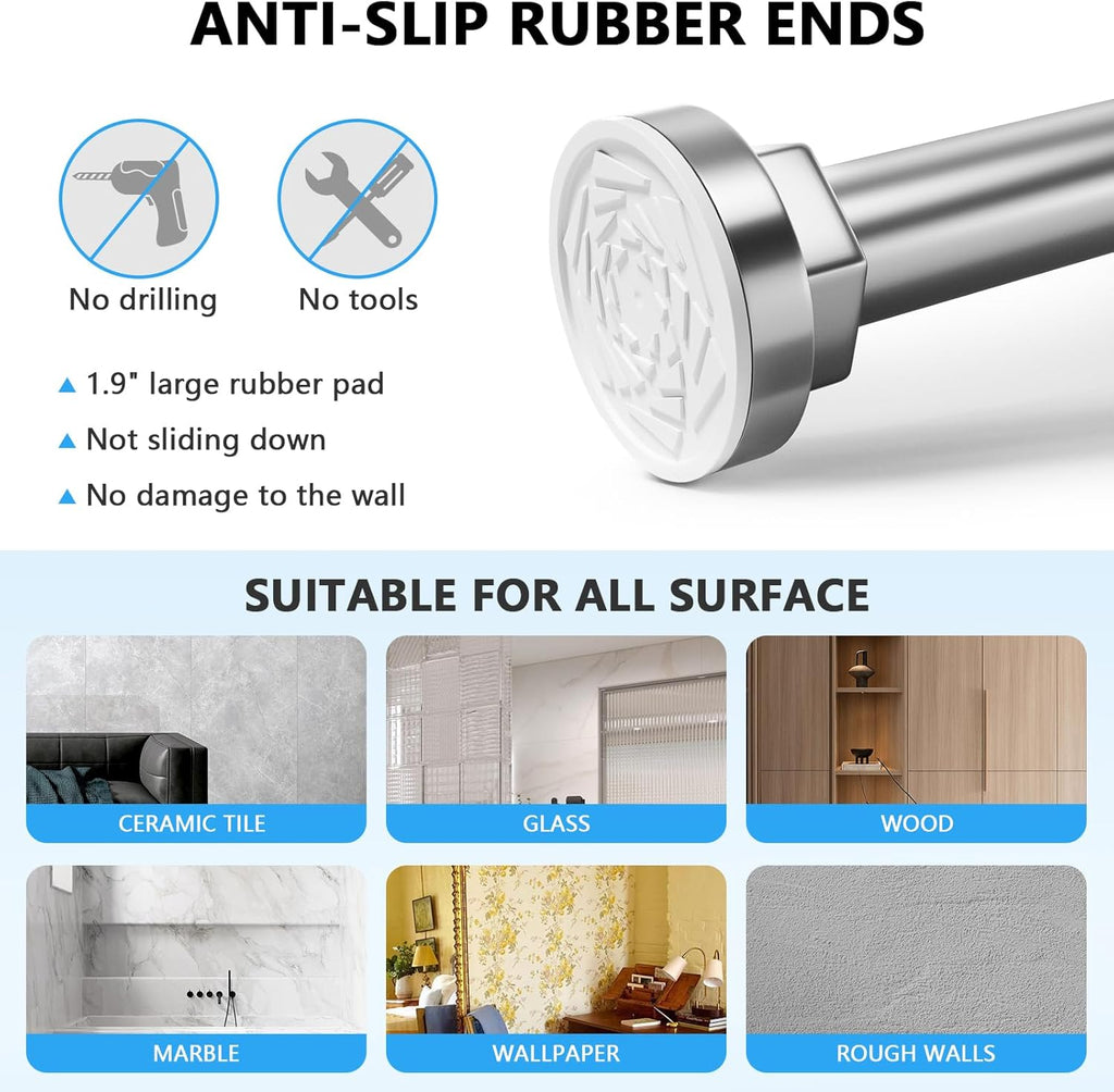 Shower Curtain Rod 27-79 Inches, Adjustable Tension Shower Rod No Drilling, No Slip, Spring Tension Curtain Rod for Bathroom Kitchen Closet Windows - Silver