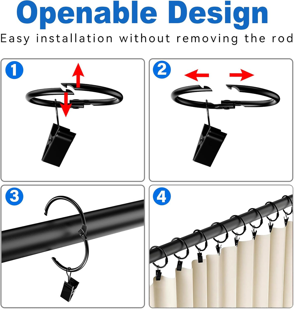 24 Pack 2 Inches Openable Curtain Rings with Clips