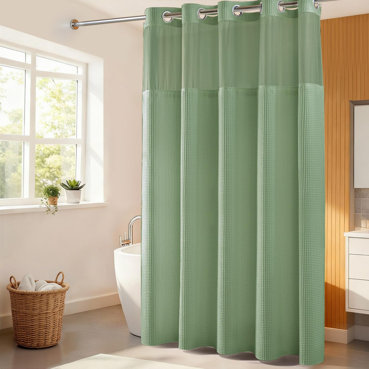 River Dream Cotton Blend Fabric Shower Curtain Set with Liner, White, 54x80