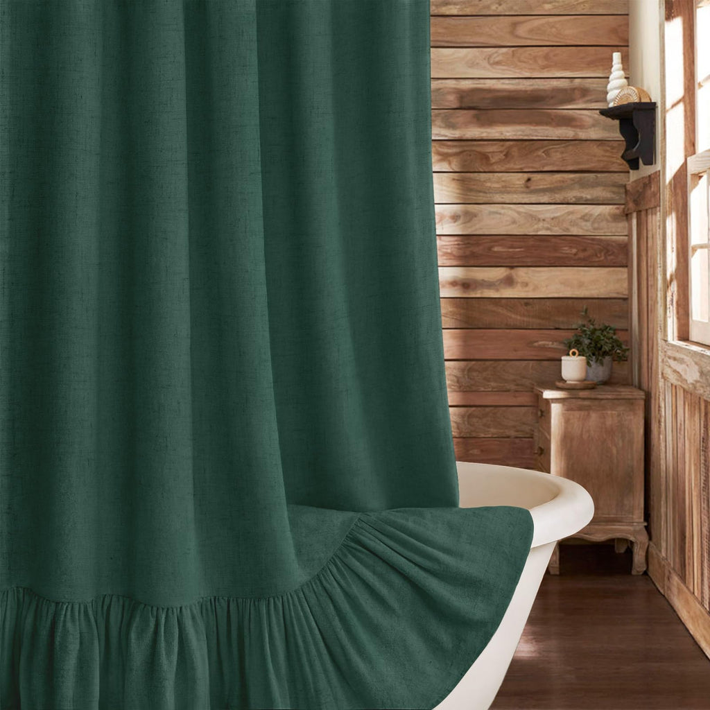 Farmhouse Shower Curtain Ruffle Linen Cream-Brown Stripe 72"W x 84"L