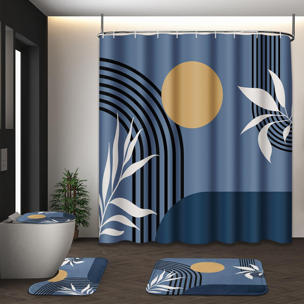 Bathroom Sets with Shower Curtain and Rugs, Set of 4 Geometric Boho