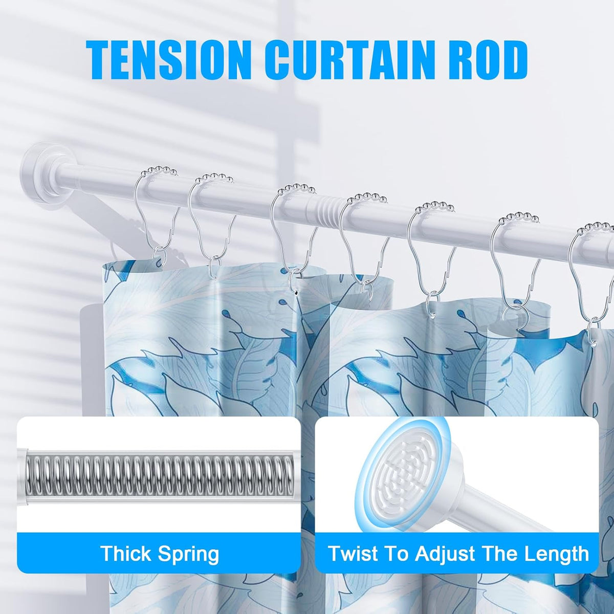 TEECK Shower Curtain Rod, 32-68 inch Adjustable Spring Tension Curtain Rod, Never Rust Anti-Slip Shower Curtain Rod for Bathroom, No Drilling, Never Collapse, Easy to Use, White