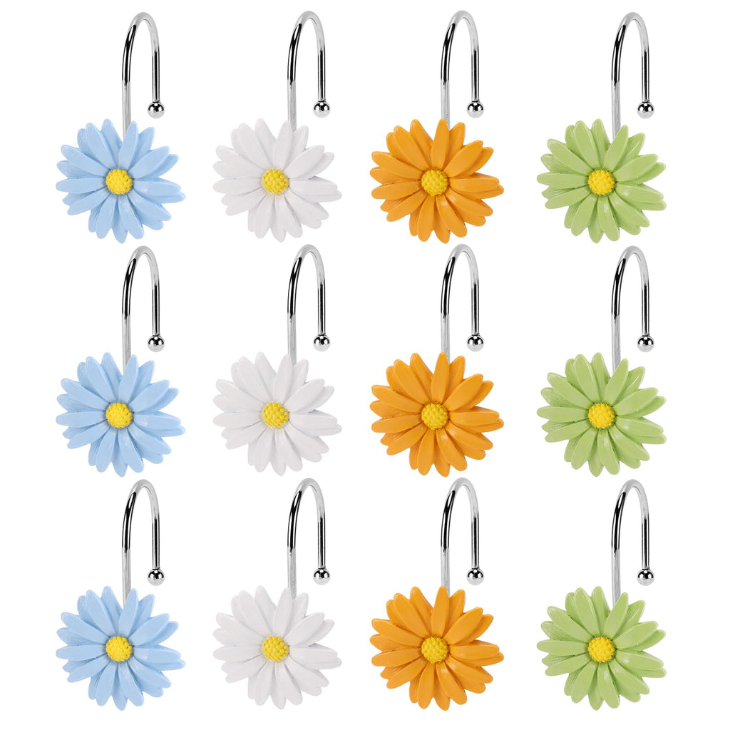 Flower Shower Curtain Hooks, 12 Pack Rustproof Stainless Steel Decorative, Bohemian Floral Bathroom Accessories for Curtain Rod and Shower Rod（White）