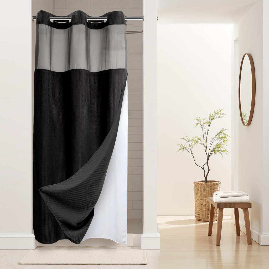 River Dream Heavyweight Waffle No Hook Shower Curtain with Liner,Gray,71x74